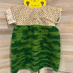 Handmade Polka Dot Baby Dress with Lace Trim and Crochet Green Skirt